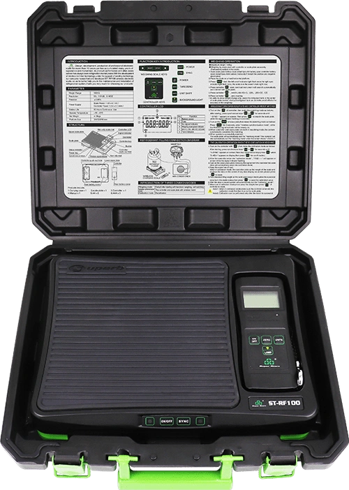 Waga elektroniczna marki Super Stars ST-RF100 do czynników chłodniczych z bezprzewodowym panelem sterującym na bluetooth w walizce z twardego PVC